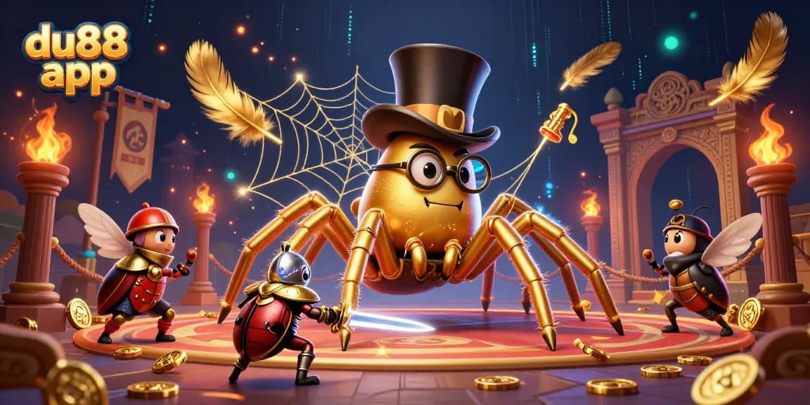 Engage with du88 app in a vibrant casino scene featuring a golden tarantula and beetle knight.