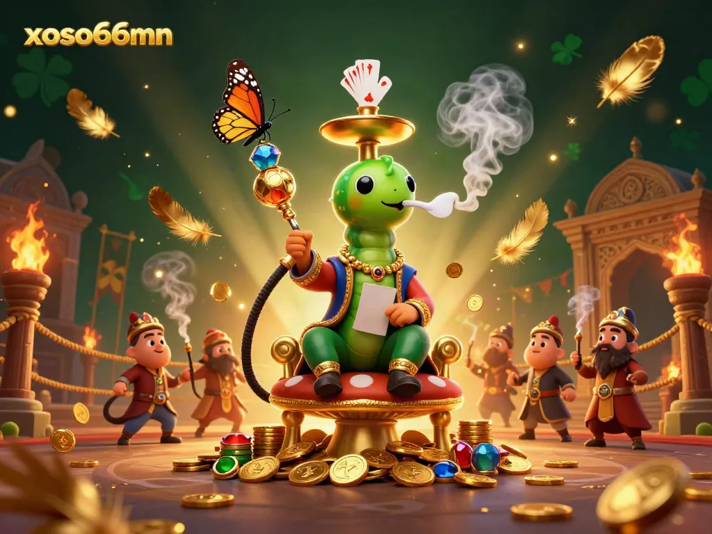 Experience a vibrant scene where the xoso66mn caterpillar hookah-master presides over an enchanting casino atmosphere.