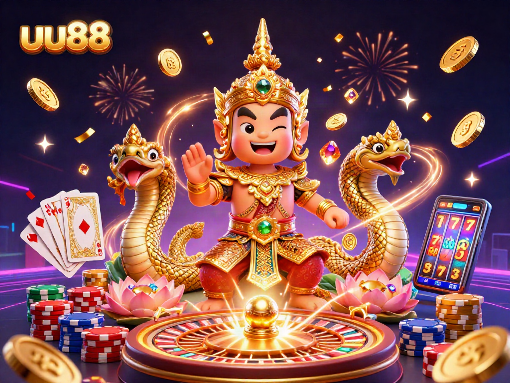 Experience exhilarating gaming action at uu88 with vibrant 3D casino visuals featuring a temple guardian and Naga companions.