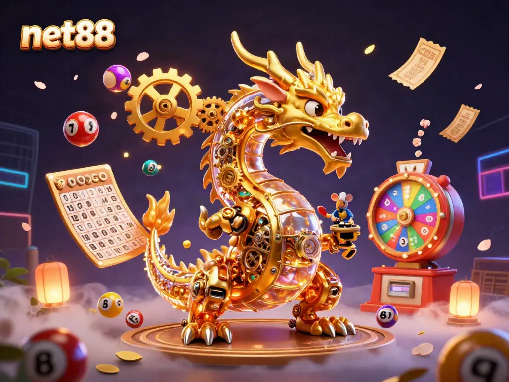 Bet big with net88 in this vibrant illustration featuring a golden dragon amidst a dynamic casino environment.