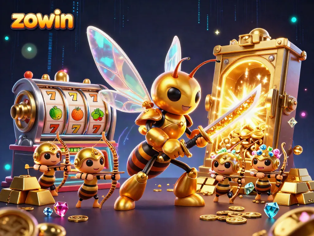 Zowin's thrilling casino adventure featuring a golden hornet samurai and bee archers by slot machines.