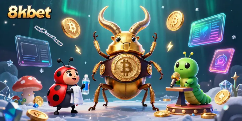 Bet on action with 8xbet’s vibrant 3D scene featuring unique characters and crypto elements.