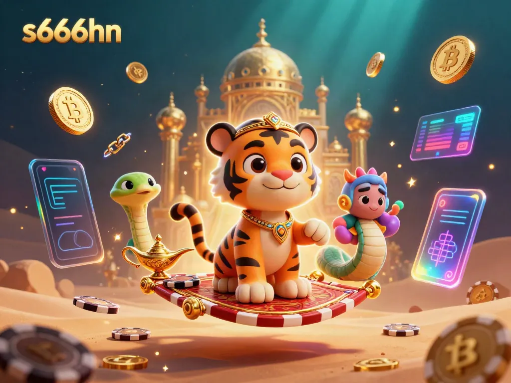 Engaging 3D illustration of s666hn's Arabian Nights-themed tiger sultan with crypto elements in a vibrant casino setting.