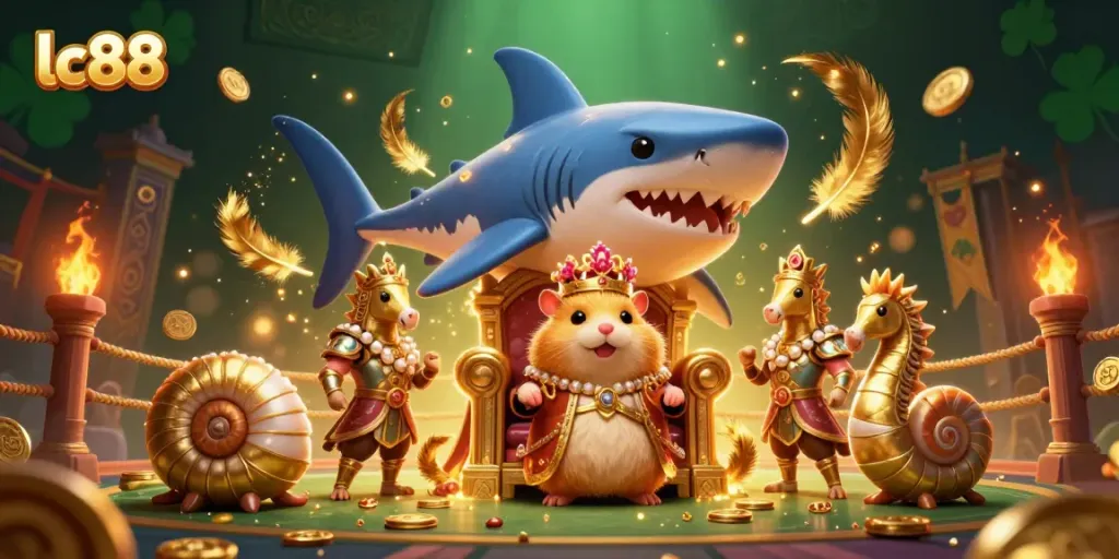 Engage in thrilling betting adventures with lc88, featuring a golden hamster king in a vibrant royal scene.