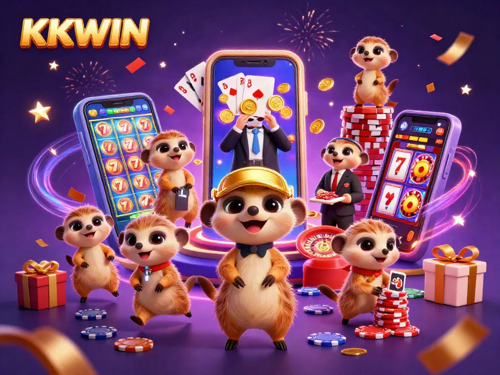 KKWIN meerkats run a vibrant casino scene with colorful slot games and festive elements.