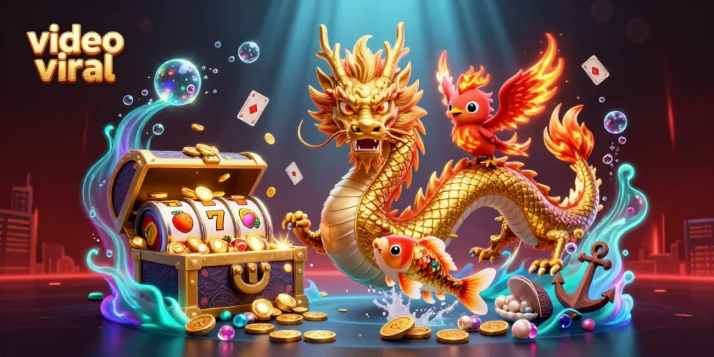 A dynamic casino illustration showcasing a video viral scene with a dragon, phoenix, and koi fish amid gambling elements like slot reels and treasure.