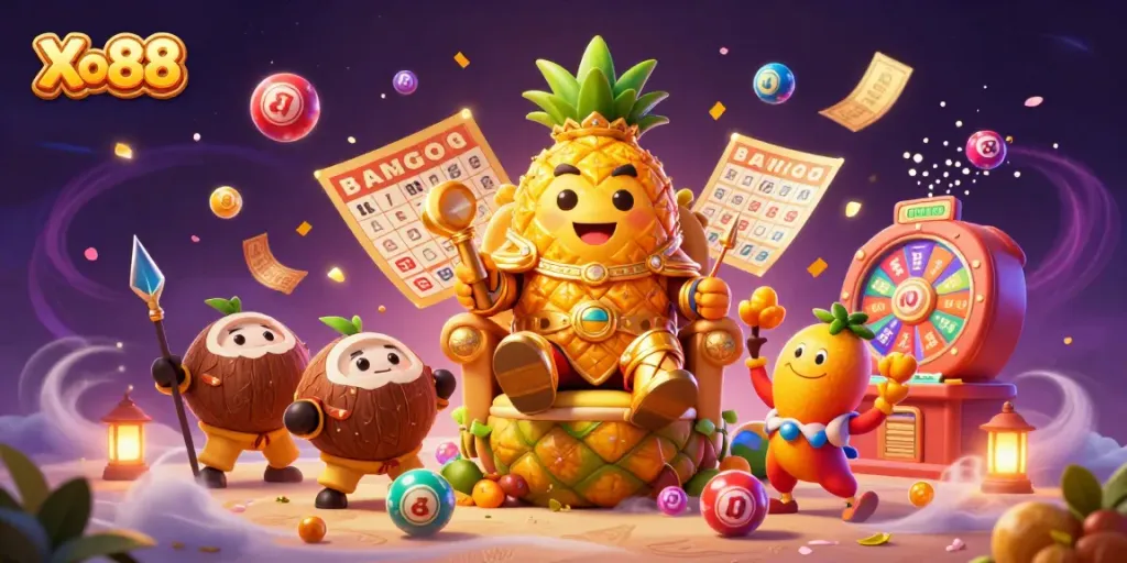 Xo88 features a vibrant casino scene with a golden pineapple king and dynamic lottery elements!
