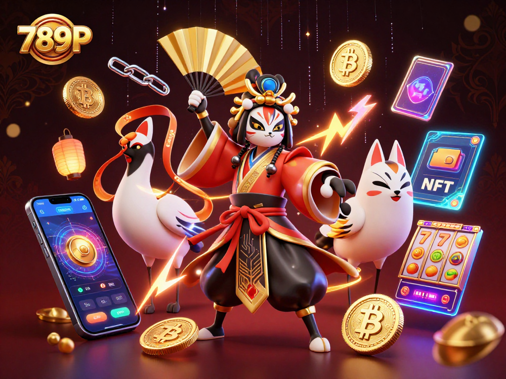 This 3D illustration of 789P features a kabuki warrior crane in a vibrant casino setting, surrounded by glowing Bitcoin and slot game elements.