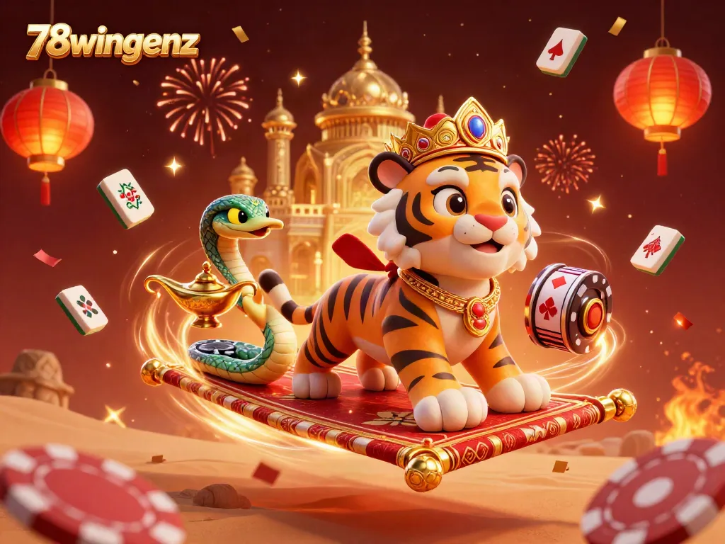 Experience thrill with the 78wingenz tiger sultan on a slot-themed flying carpet in this vibrant 3D illustration.