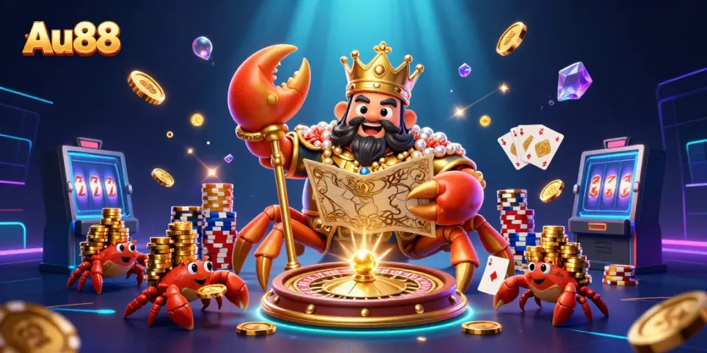 Experience lively gameplay at Au88 with a golden crab emperor amidst casino elements and vibrant winning symbols.