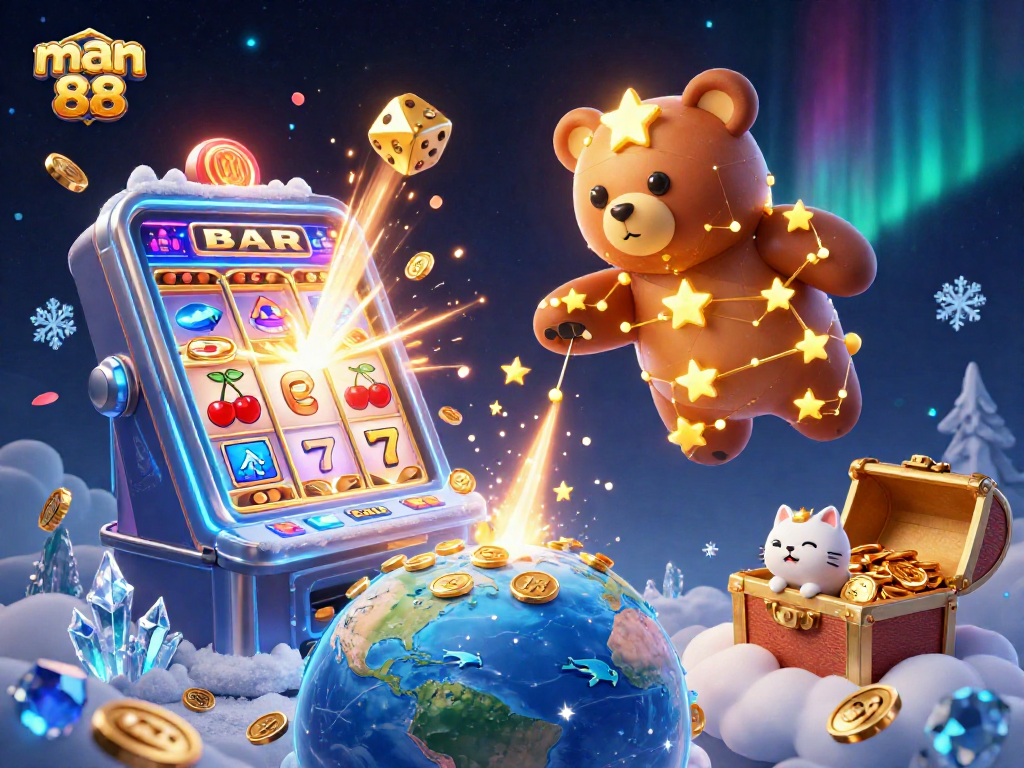 Spin the reels with man 88 as the golden bear scoops up coins amid a vibrant casino scene.