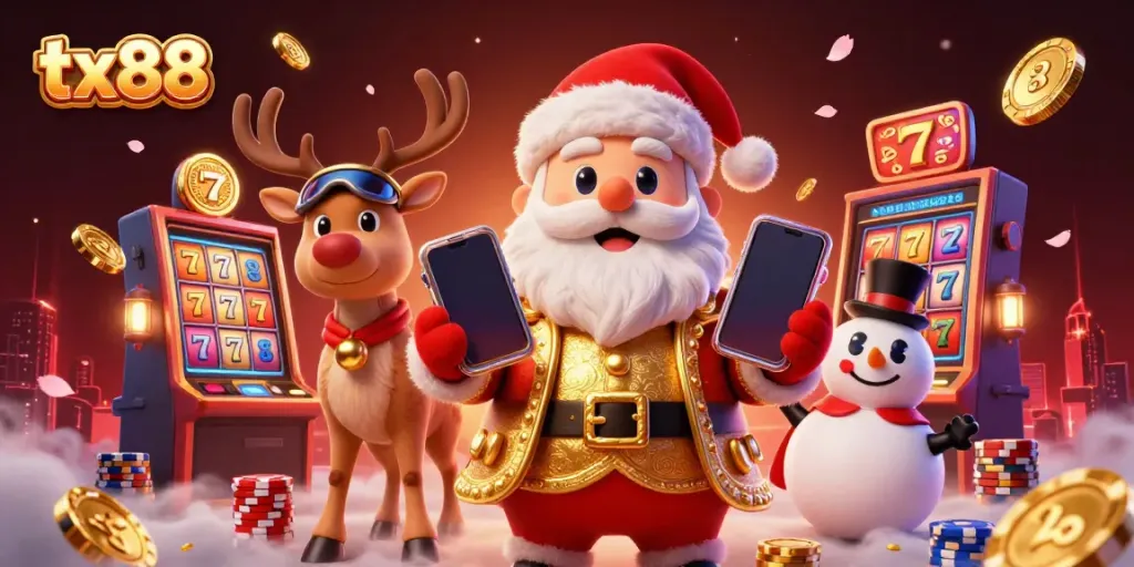 Engage in exciting casino action with tx88, featuring Santa and friends around vibrant slot reels.