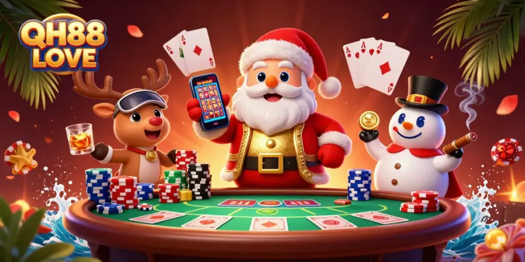 Play jackpot games with QH88 LOVE in a festive, lively casino illustration featuring Santa.