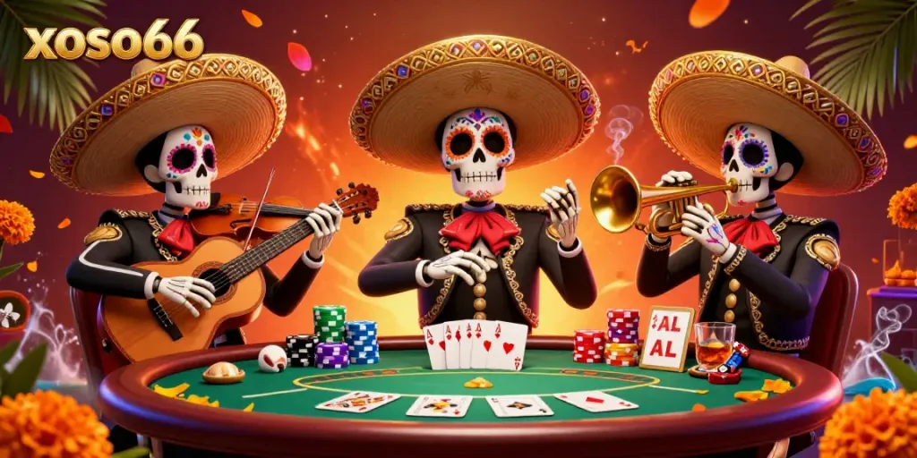 Engage with xoso66 in a festive Day of the Dead-themed poker scene featuring a mariachi band.