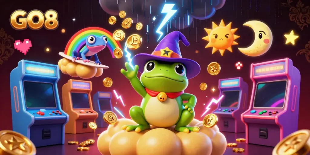 Experience the excitement of GO8 with golden coins raining down in a magical casino setting.