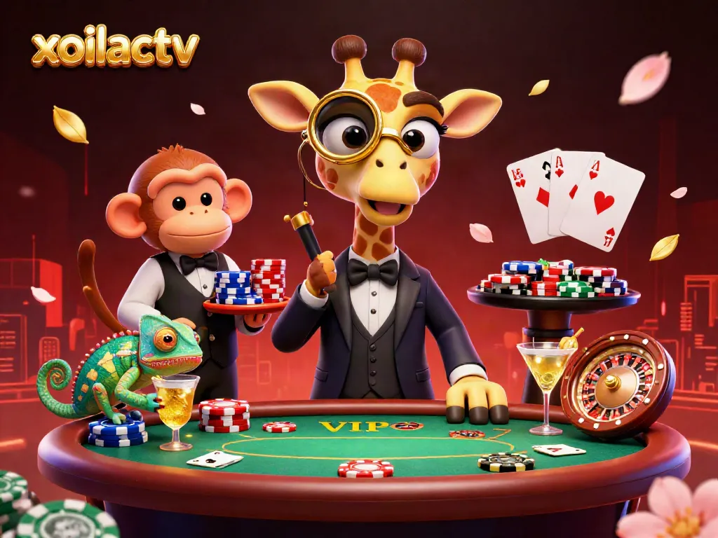 Xoilactv brings high-stakes poker excitement with a giraffe dealer, monkey valet, and chameleon bartender.