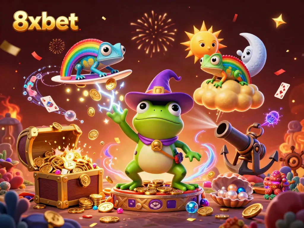 Join the excitement with 8xbet as a wizard frog conjures a fortune of gold coins in this vibrant casino scene.