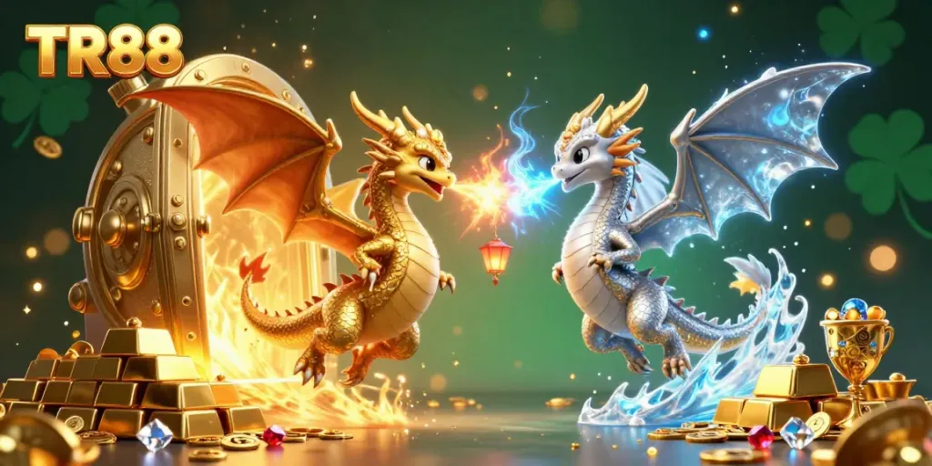 Engage in thrilling gameplay with TR88 featuring majestic dragons, treasures, and shining gems in a vibrant casino scene.