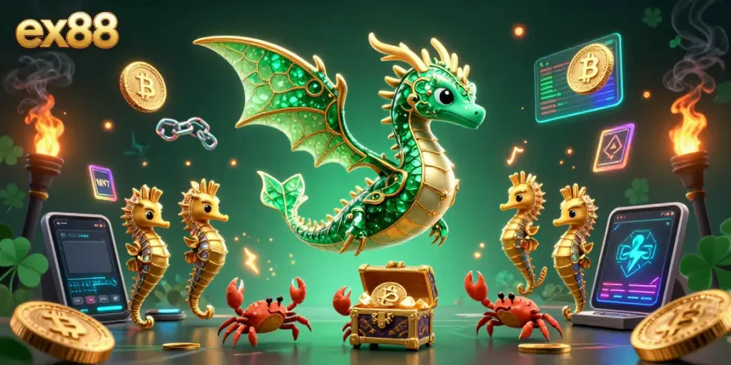 Experience the adventure with ex88 featuring a cartoon sea dragon and treasure chest alongside crypto elements.