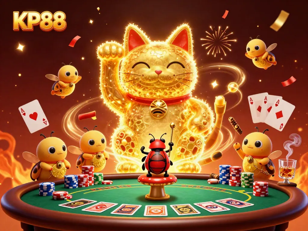 Catch exciting moments in KP88 with a lucky cat surrounded by poker elements and dynamic energy.