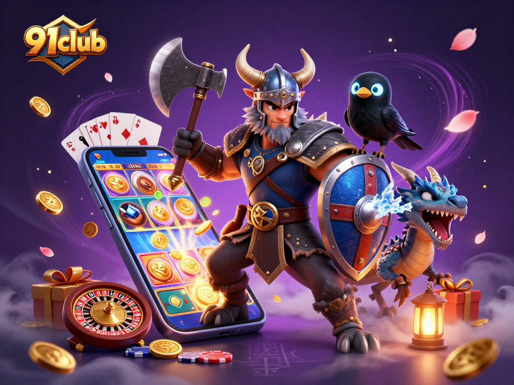 Engage in thrilling gameplay with 91club's fantasy-themed casino illustration featuring a Viking warrior.