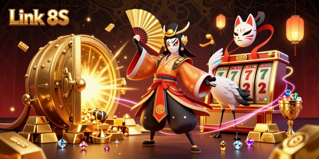 Experience thrilling action with Link 8S as kabuki warriors present golden treasures and jackpot symbols.