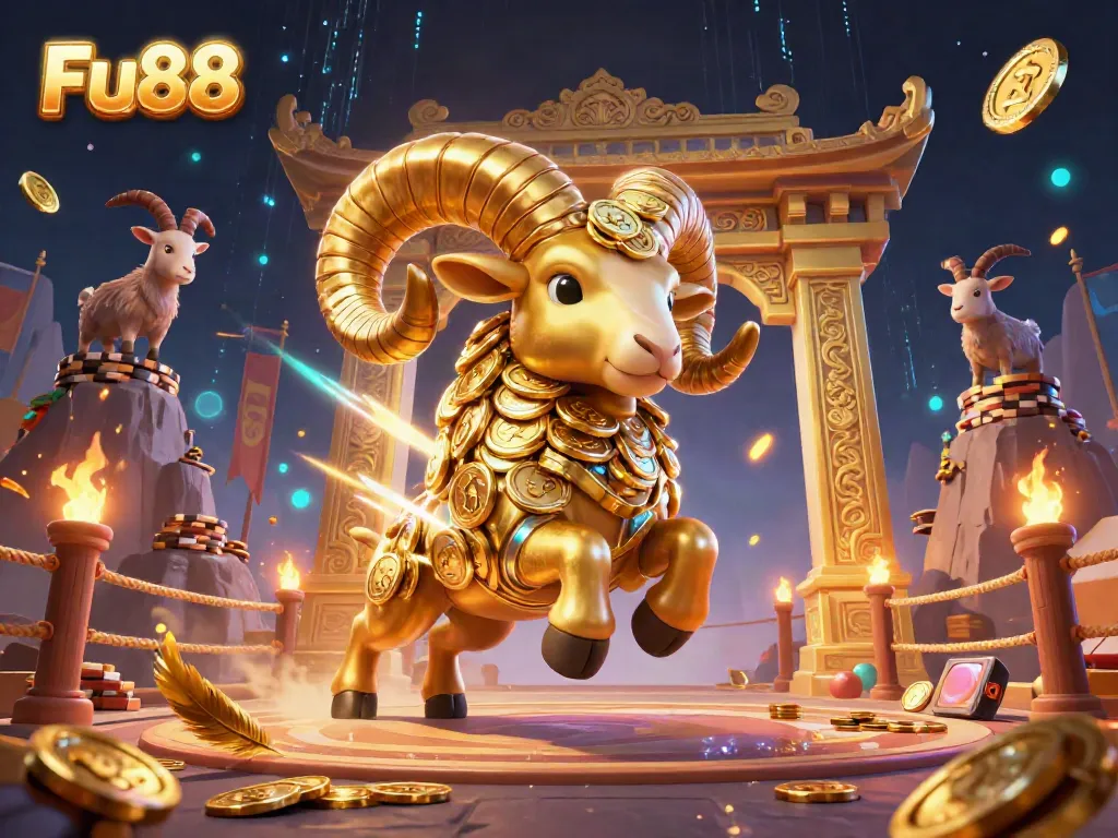 Engage with the Fu88 golden ram charging through a magnificent gate in a vibrant casino atmosphere.