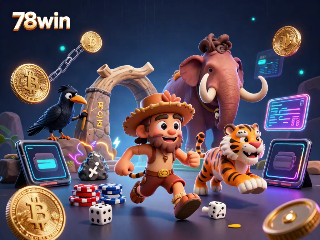 Experience thrilling action at the 78win prehistoric casino with Bitcoin and Ethereum coins scattered around.