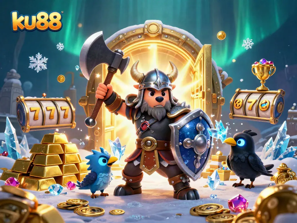 ku88 warriors battle for treasure in a vibrant casino-themed scene with slot machine elements