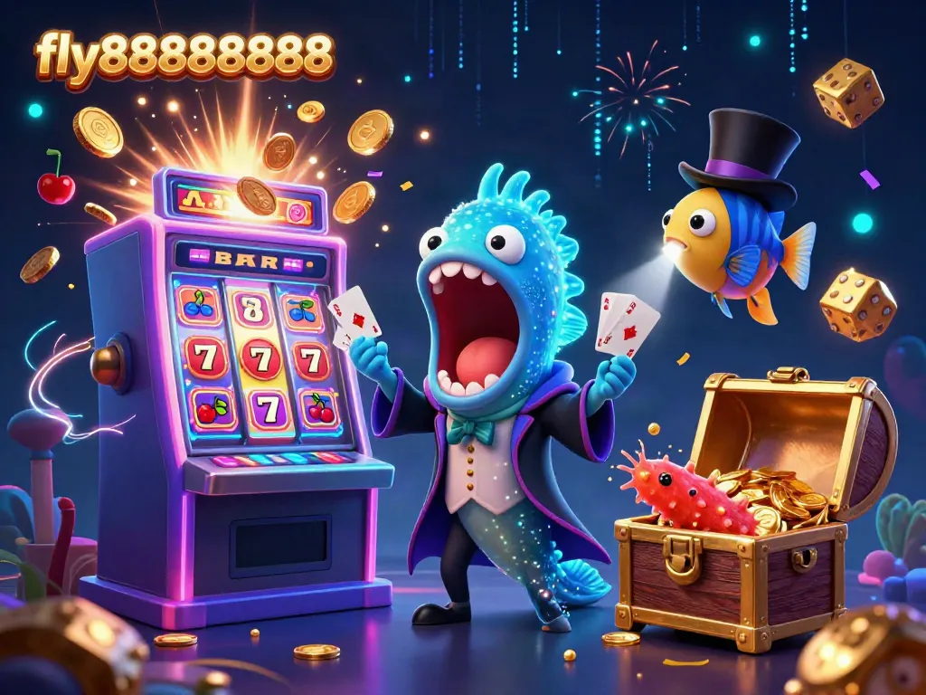 Experience the magic with fly88888888's dynamic casino scene featuring vibrant 3D characters and jackpot excitement.