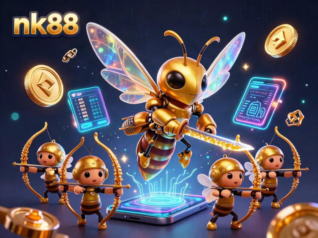Experience thrilling gaming excitement with nk88 in an ultra-detailed casino scene featuring samurai hornets and crypto elements.