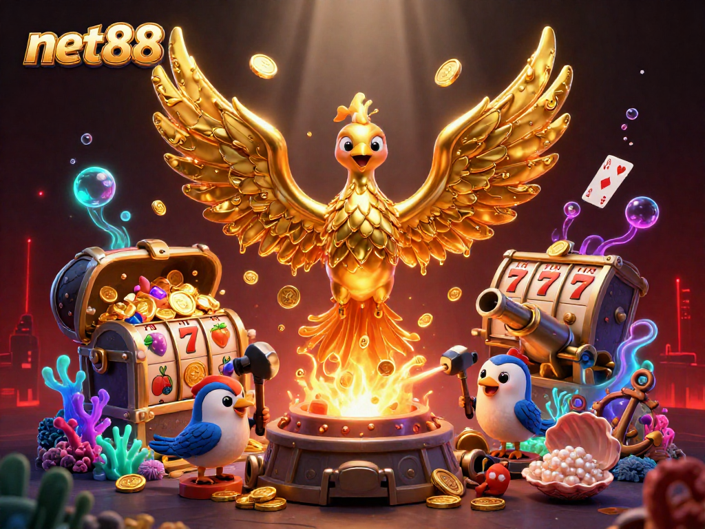 Engage with net88 as the golden phoenix emerges amidst vibrant casino-themed treasures.