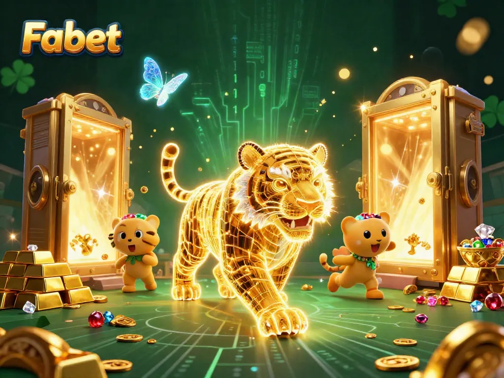 Experience the thrill of Fabet in a vibrant digital casino landscape with a glowing golden tiger.