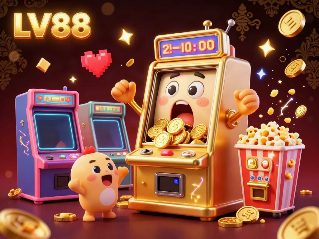 Experience the excitement of LV88 with a golden slot machine celebrating its jackpot amidst cheering machines.