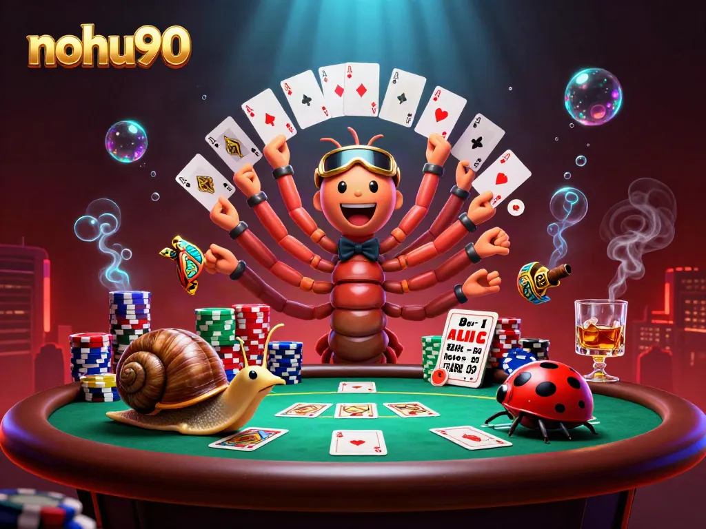 Join the action with nohu90, where a cartoon millipede dealer and friends engage in an exciting poker showdown.