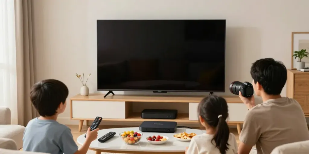Family enjoying IPTV Providers for movie night in a cozy living room