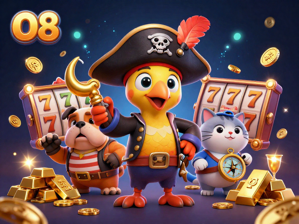 Engage in thrilling adventures at O8, where a cartoon pirate captain and friends explore vibrant treasures amid stunning casino elements.