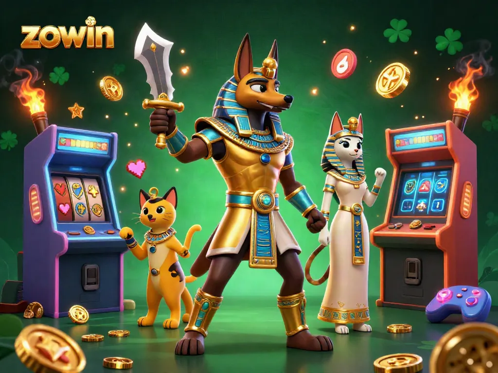 Zowin's vibrant gaming adventure with Anubis and Bastet, surrounded by exciting slot elements.