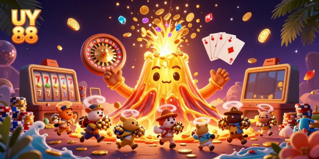 Experience the thrill of UY 88 with a vibrant volcano erupting coins and treasure in an exciting casino scene.