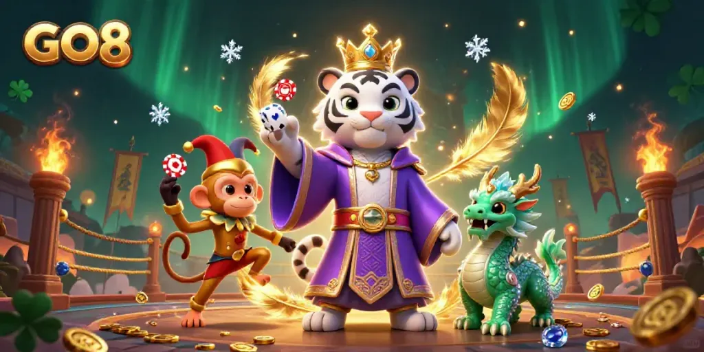 Experience the excitement of GO8 in an ultra-detailed 3D illustration showcasing vibrant characters and casino elements.