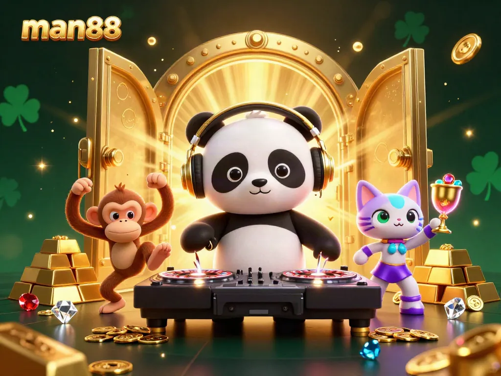 Engage with exciting man88 casino vibes featuring a DJ panda, dancing monkey, and glowing kitten amidst treasure and jewels.
