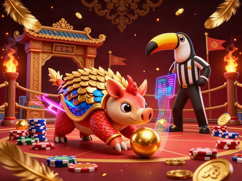 Bowling pangolins at 88VBET casino with poker chips and vibrant festive elements.