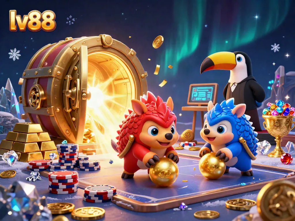 lv88 gamblers bowling through poker chips in a vibrant casino-themed 3D scene full of treasures