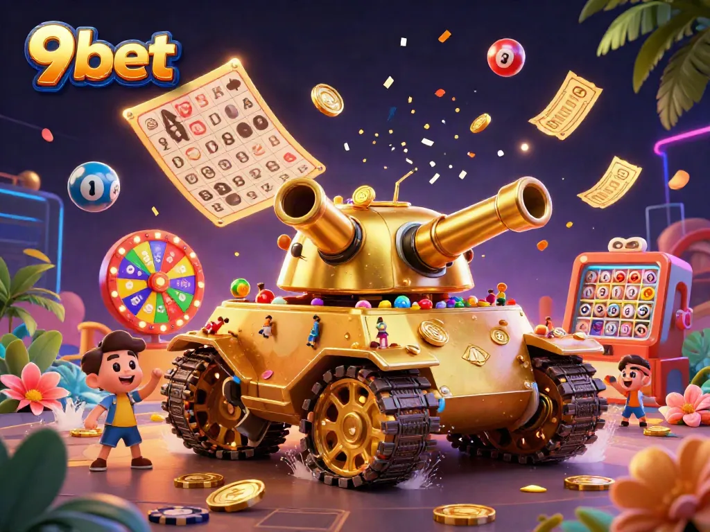Experience vibrant excitement with 9bet's charming 3D casino scene brimming with lottery balls and rewards.