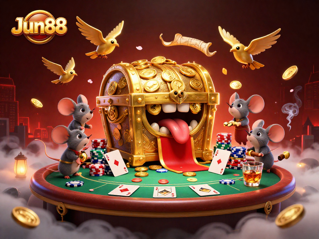 Experience the thrill of Jun88's gaming with a dynamic digital casino scene filled with vibrant, engaging elements.