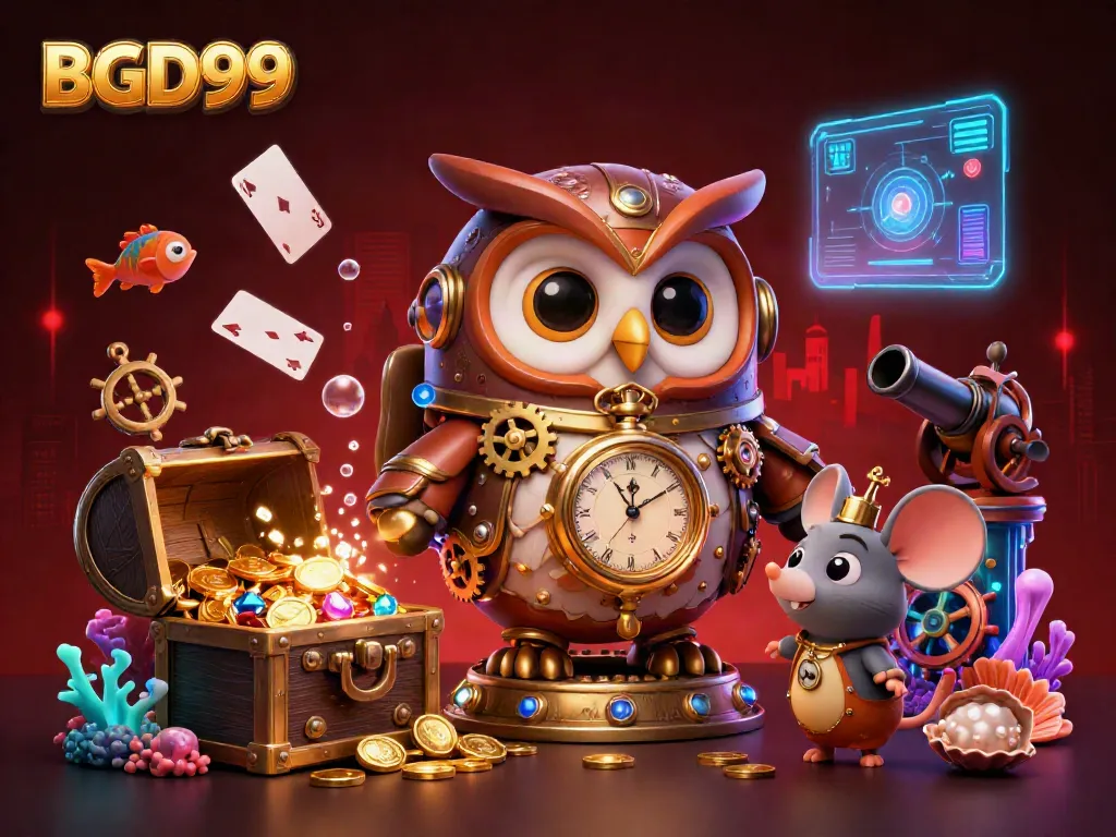 Experience the thrill of gambling at BGD99 with a captivating 3D casino scene featuring an owl and treasures.