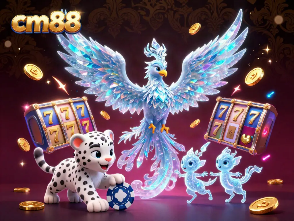 Engage with the cm88 casino adventure featuring an ice phoenix, glowing sprites, and dynamic slot reels.