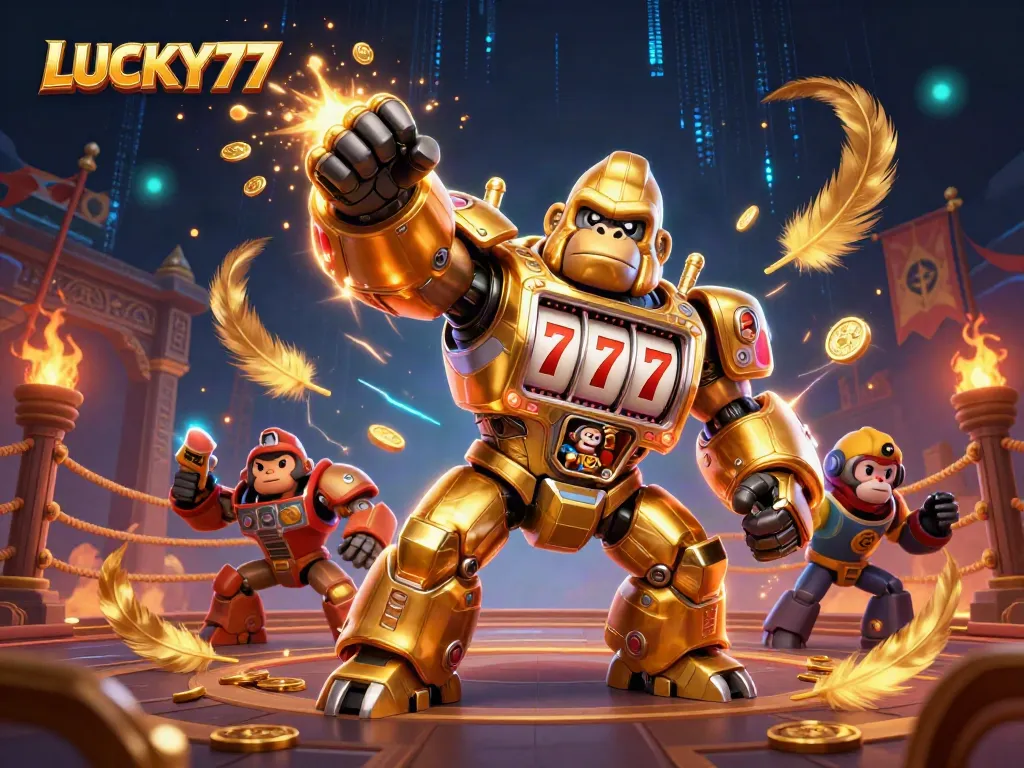 Experience LUCKY77 in a vibrant 3D casino battle featuring golden gorilla mech and dynamic elements
