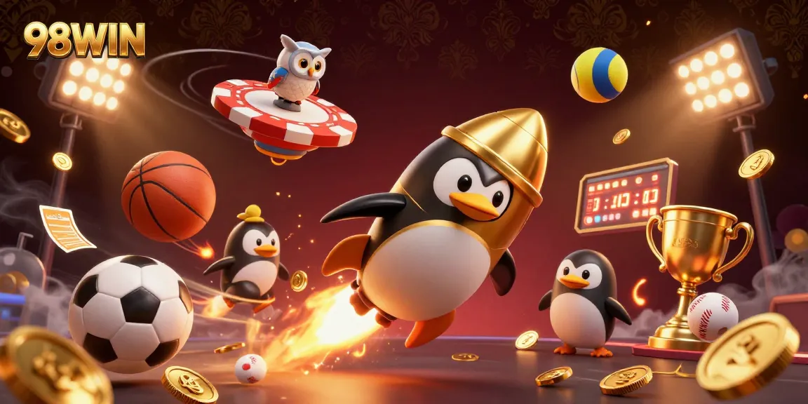 Engage with thrilling games at 98WIN, a vibrant casino scene with dynamic sports betting visuals.