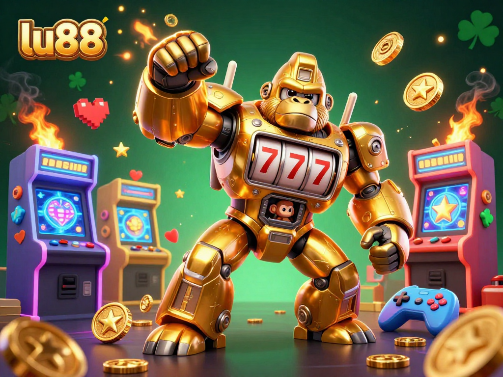 Experience stunning slots action with lu88, featuring a golden gorilla mech and dynamic gaming elements.